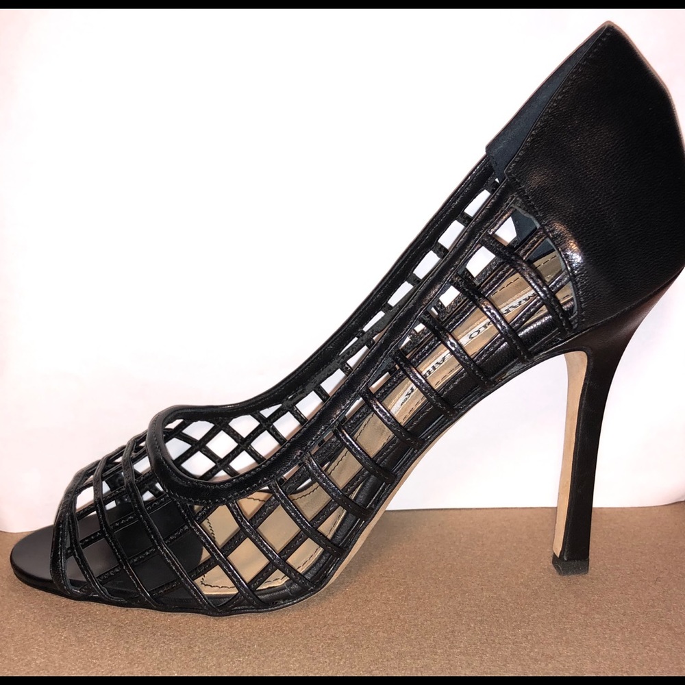 Manolo Blahnik black cage heels.